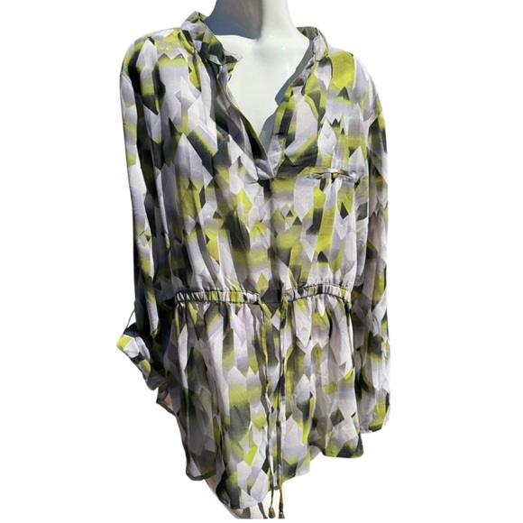 Dalin Tops - Dalin Geometric Lime Green, Black and Gray Women's Sheer Top, size 3x